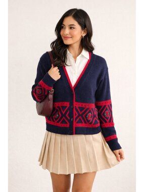 vintage Gina Peters blue knit button-down cardigan sweater V Neck Size L Preppy